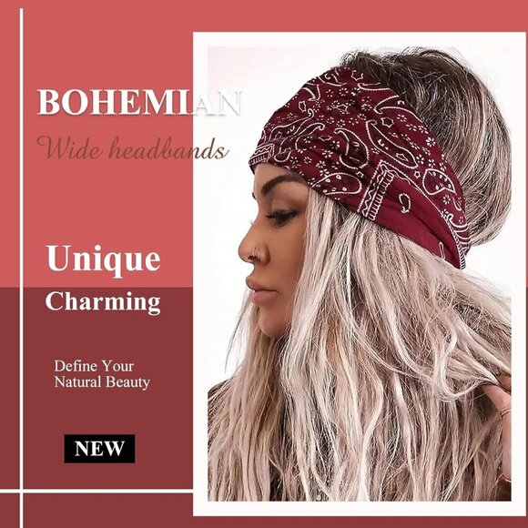 7\'\' Wide Paisley Turban Headbands for Women Non Slip Boho Hair Accessories main image 4